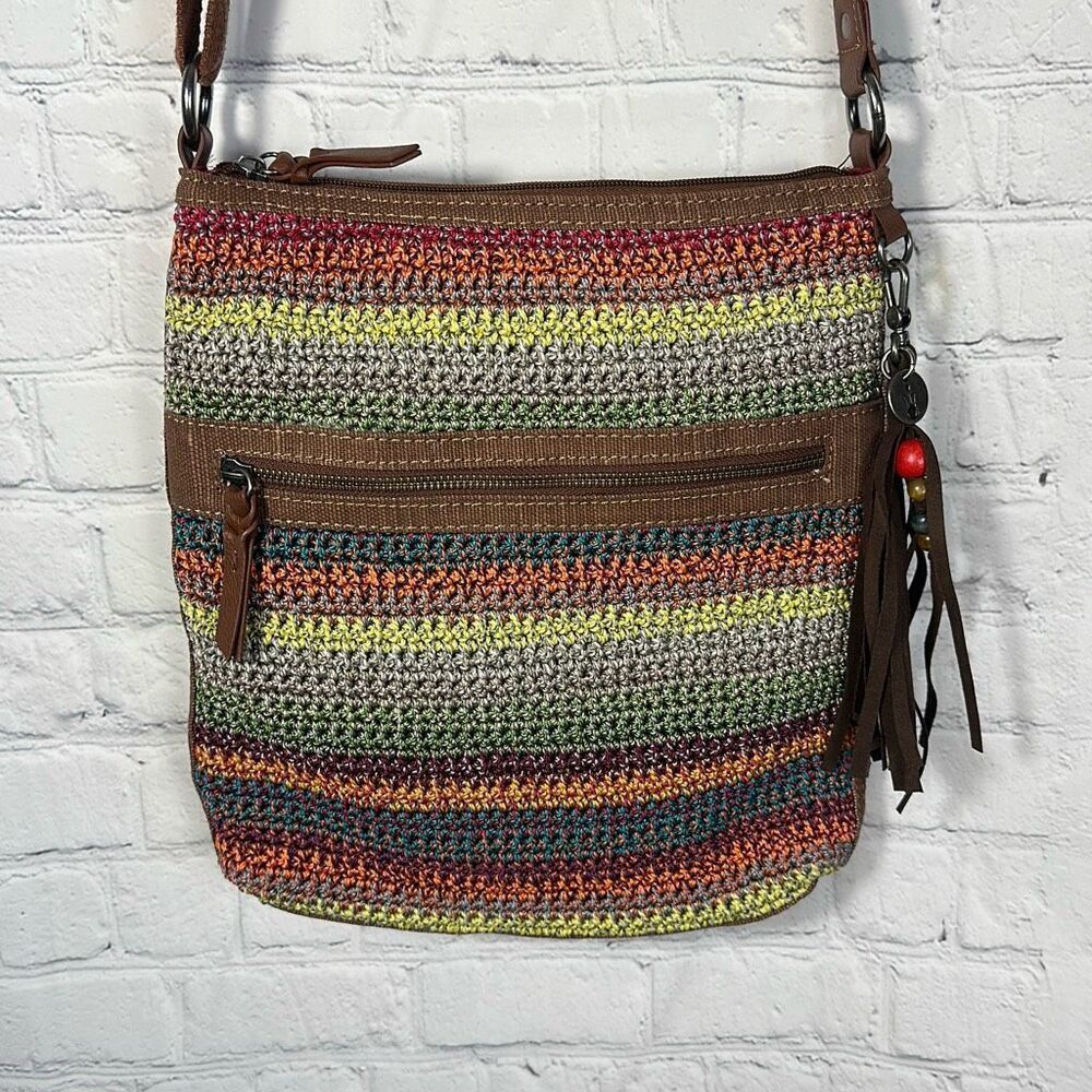 The Sak Colorful Striped Knit Crochet Adjustable Crossbody Bag Handbag Purse‎